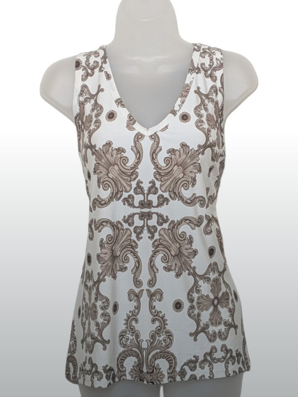 Halogen White Tank Top with Brown Scroll Print | Blouse | Chic | Bohemian |